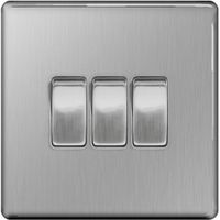 Show details for  10AX 2 Way Light Switch, 3 Gang, Brushed Steel, Flatplate Screwless Range