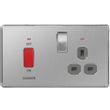 Show details for  45A Double Pole Switch with Socket and Indicator, 2 Gang, Brushed Steel, Grey Trim, Flatplate Screwless Range