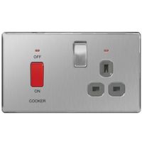 Show details for 45A Double Pole Switch with Socket and Indicator, 2 Gang, Brushed Steel, Grey Trim, Flatplate Screwless Range