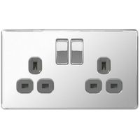 Show details for 13A Switched Socket Outlet, 2 Gang, Polished Chrome, Grey Trim, Flatplate Screwless Range