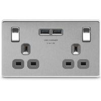 Show details for 13A Switched Socket with USB Outlet, 2 Gang, Brushed Steel, Grey Trim, Flatplate Screwless Range