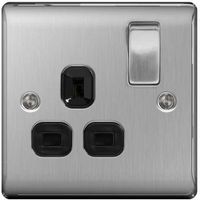 Show details for 13A Switched Socket Outlet, 1 Gang, Brushed Steel, Black Trim, Nexus Metal Range