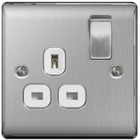 Show details for 13A Switched Socket Outlet, 1 Gang, Brushed Steel, White Trim, Nexus Metal Range