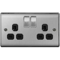 Show details for 13A Switched Socket Outlet, 2 Gang, Brushed Steel, Black Trim, Nexus Metal Range