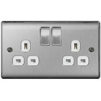 Show details for 13A Switched Socket Outlet, 2 Gang, Brushed Steel, White Trim, Nexus Metal Range