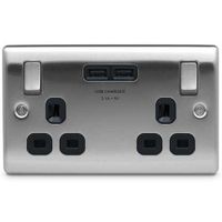 Show details for 13A Switched Socket with USB Outlet, 2 Gang, Brushed Steel, Black Trim, Nexus Metal Range