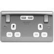 Show details for  13A Switched Socket with USB Outlet, 2 Gang, Brushed Steel, White Trim, Nexus Metal Range