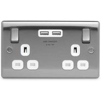 Show details for 13A Switched Socket with USB Outlet, 2 Gang, Brushed Steel, White Trim, Nexus Metal Range