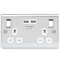 Show details for 13A Switched Socket with USB Outlet, 2 Gang, Polished Chrome, White Trim, Nexus Metal Range