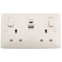 Show details for  13A Switched Socket with USB Outlet, 2 Gang, White, Modern Range