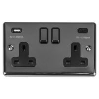 Show details for  13A Switched Socket with USB Outlets (Type A and Type C), 2 Gang, Black Nickel, Black Trim, Enhance Range