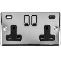 Show details for 13A Switched Socket with USB, 2 Gang, Polished Chrome, Black Trim, Enhance Range