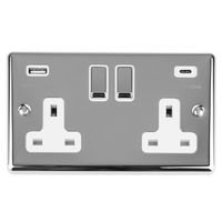 Show details for  13A Switched Socket with USB, 2 Gang, Polished Chrome, White Trim, Enhance Range