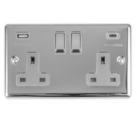 Show details for 13A Switched Socket with USB, 2 Gang, Polished Chrome, Grey Trim, Enhance Range