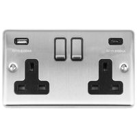 Show details for  13A Switched Socket with USB Outlets (Type A and Type C), 2 Gang, Stainless Steel, Black Trim, Enhance Range