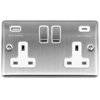 Show details for  13A Switched Socket with USB Outlets (Type A and Type C), 2 Gang, Stainless Steel, White Trim, Enhance Range