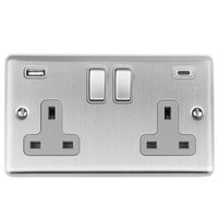 Show details for  13A Switched Socket with USB Outlets (Type A and Type C), 2 Gang, Stainless Steel, Grey Trim, Enhance Range