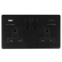 Show details for  2 Gang 13A Double Pole Switched Socket with USB Outlets (Type A and Type C), 2 Gang, Matt Black, Black Insert, Concealed Range