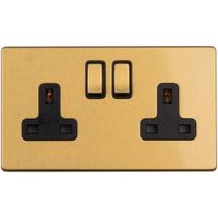 Show details for  13A Double Pole Switched Socket, 2 Gang, Satin Brass, Black Trim, Concealed 3mm Range