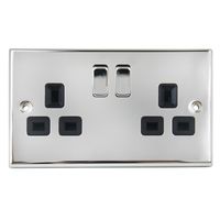 Show details for  13A Double Pole Switch Socket, 2 Gang, Polished Chrome, Black Trim, Decorative Range