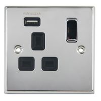 Show details for  13A Double Pole Switch Socket with USB Outlet (Type A), 1 Gang, Polished Chrome, Black Trim, Decorative Range