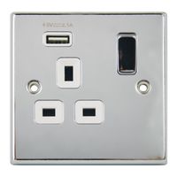 Show details for  13A Double Pole Switch Socket with USB Outlet (Type A), 1 Gang, Polished Chrome, White Trim, Decorative Range