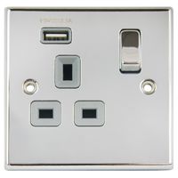 Show details for  13A Double Pole Switch Socket with USB Outlet, 1 Gang, Polished Chrome, Grey Trim, Decorative Range