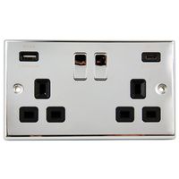 Show details for  13A Double Pole Switch Socket with USB Outlet, 2 Gang, Polished Chrome, Black Trim, Decorative Range