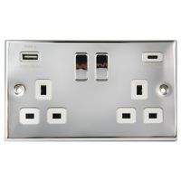 Show details for  13A Double Pole Switch Socket with USB Outlet, 2 Gang, Polished Chrome, White Trim, Decorative Range