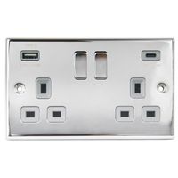 Show details for  13A Double Pole Switch Socket with USB Outlet, 2 Gang, Polished Chrome, Grey Trim, Decorative Range