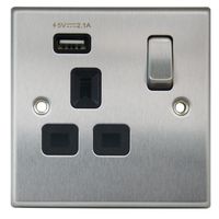 Show details for  13A Double Pole Switch Socket with USB Outlet, 1 Gang, Satin Steel, Black Trim, Decorative Range