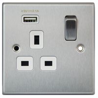 Show details for  13A Double Pole Switch Socket with USB Outlet, 1 Gang, Satin Steel, White Trim, Decorative Range