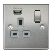 Show details for  13A Double Pole Switch Socket with USB Outlet, 1 Gang, Satin Steel, Grey Trim, Decorative Range