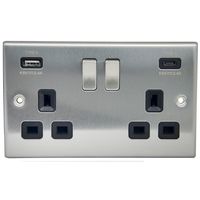 Show details for  13A Double Pole Switch Socket with USB Outlet, 2 Gang, Satin Steel, Black Trim, Decorative Range