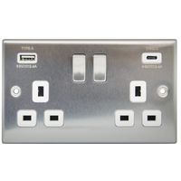 Show details for  13A Double Pole Switch Socket with USB Outlet, 2 Gang, Satin Steel, White Trim, Decorative Range