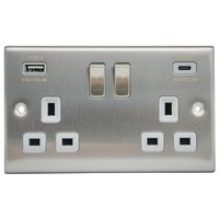 Show details for  13A Double Pole Switch Socket with USB Outlet, 2 Gang, Satin Steel, Grey Trim, Decorative Range