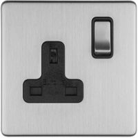 Show details for 13A Double Pole Switched Socket, 1 Gang, Stainless Steel, Black Trim, Concealed 3mm Range