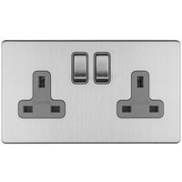 Show details for 13A Double Pole Switched Socket, 2 Gang, Stainless Steel, Grey Trim, Concealed 3mm Range