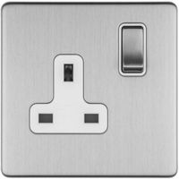 Show details for 13A Double Pole Switched Socket, 1 Gang, Stainless Steel, White Trim, Concealed 3mm Range