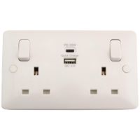 Show details for  13A Switched Socket with Quick Charge USB Outlet (Type A and Type C), 2 Gang, White, Modern Range
