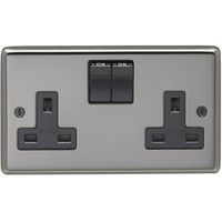 Show details for  13A Double Pole Switched Socket, 2 Gang, Black Nickel, Black Trim, Stainless Steel Range