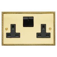 Show details for  13A Double Pole Switched Socket, 2 Gang, Brass, Black Trim, Georgian Brass Range