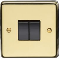 Show details for  10A 2 Way Switch, 2 Gang, Polished Brass, Black Trim, Stainless Steel Range