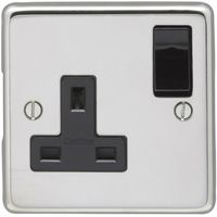 Show details for  13A Double Pole Switched Socket, 1 Gang, Polished Stainless Steel, Black Trim, Stainless Steel Range