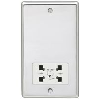 Show details for  Dual Voltage' Shaver Socket, 2 Gang, Polished Stainless Steel, White Trim, Stainless Steel Range