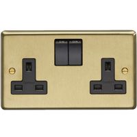 Show details for  13A Double Pole Switched Socket, 2 Gang, Satin Brass, Black Trim, Stainless Steel Range