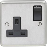 Show details for  13A Double Pole Switched Socket, 1 Gang, Satin Stainless Steel, Black Trim, Stainless Steel Range