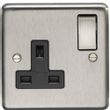 Show details for  13A Double Pole Switched Socket, 1 Gang, Satin Stainless Steel, Black Trim, Stainless Steel Range