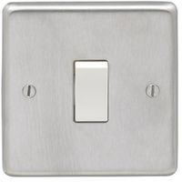 Show details for  10A 2 Way Switch, 1 Gang, Satin Stainless Steel, White Trim, Stainless Steel Range