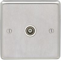 Show details for  TV Coaxial Outlet, 1 Gang, Satin Stainless Steel, White Trim, Satinless Steel Range